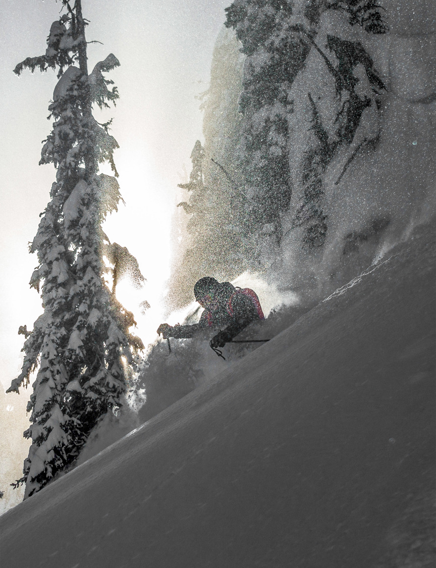 Skiing powder in Revelstoke trees.